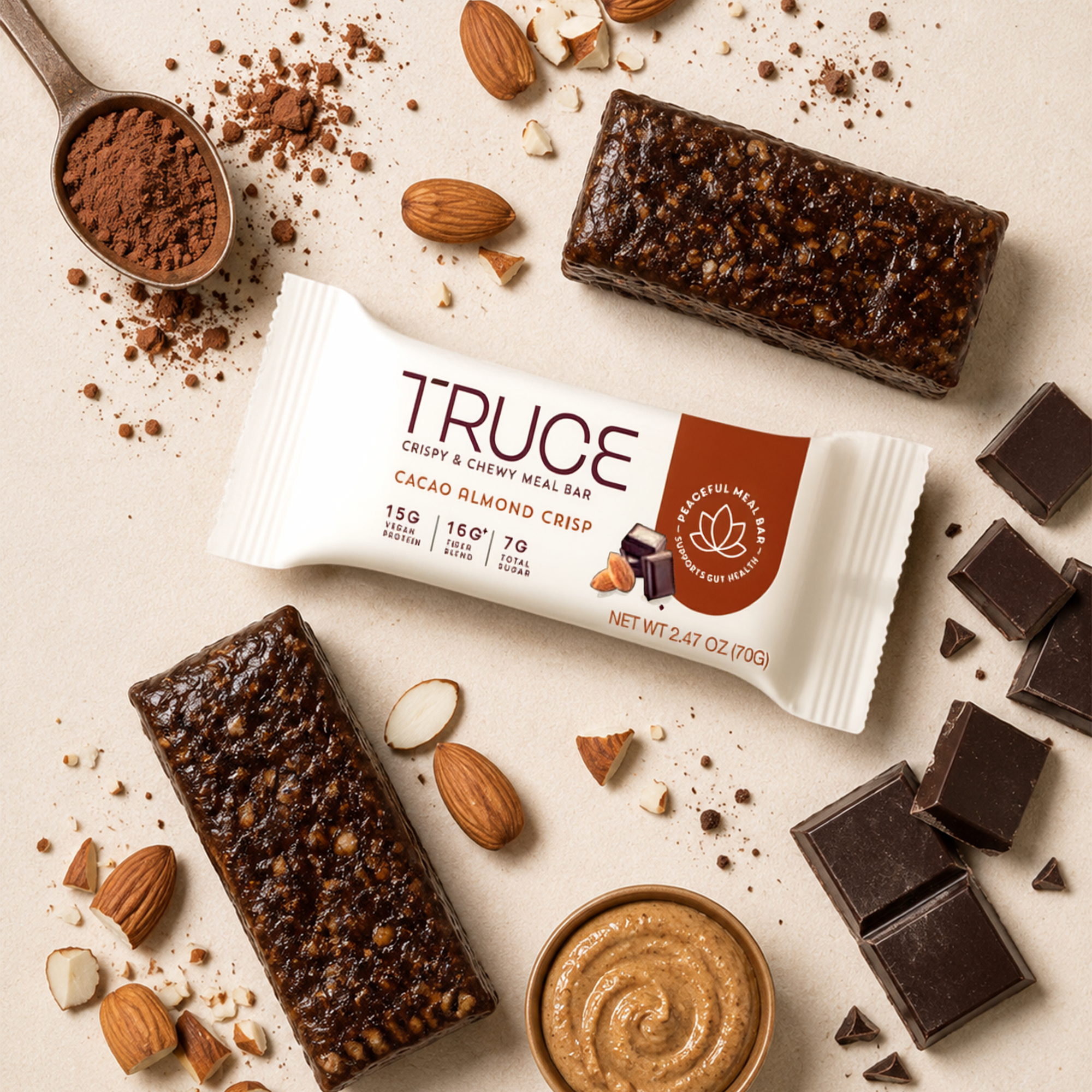 TRUCE Cacao Almond Crisp bar with ingredients on a light background