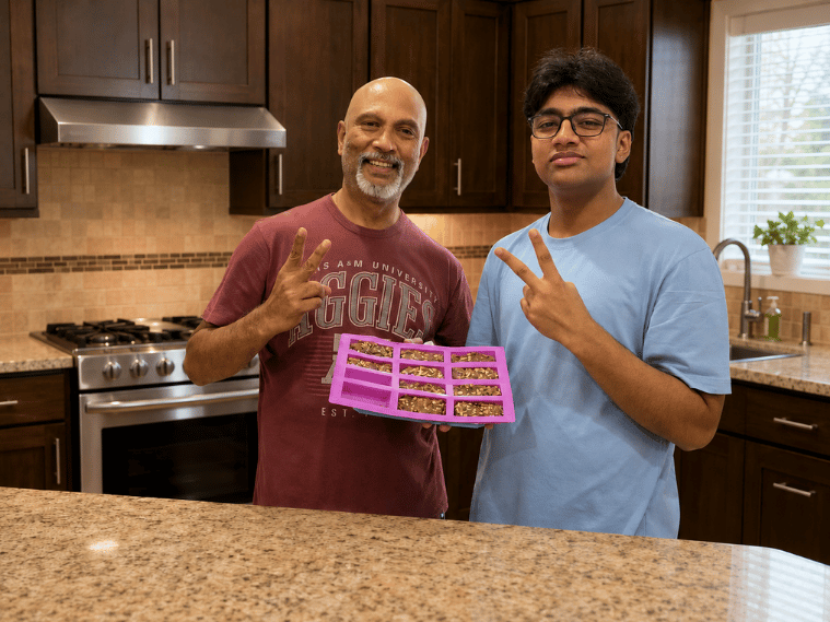 Founders, Vijay & Tanmay, standing in a kitchen, one holding a pink tray filled with Truce bars made at home. A Recipe built in the kitchen.