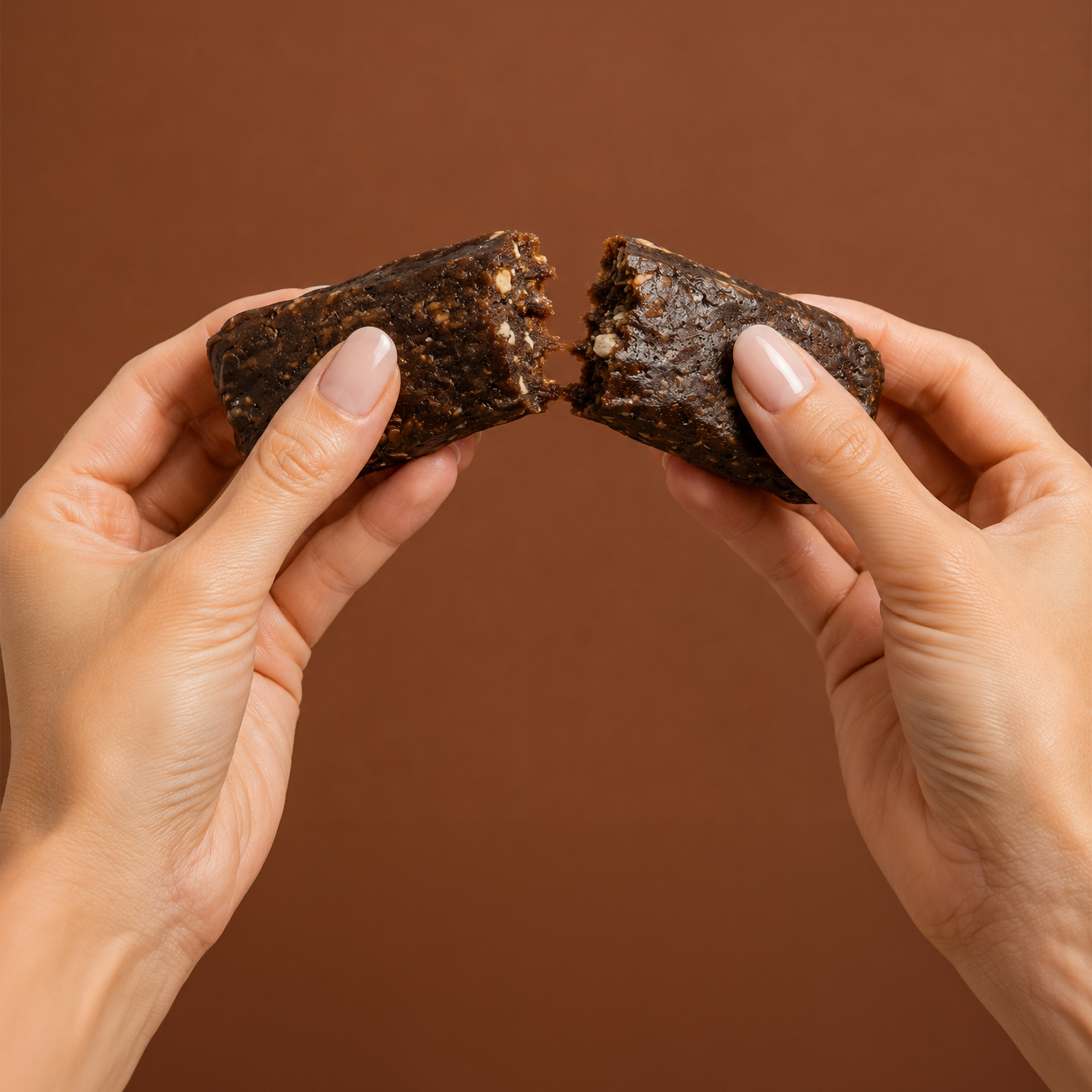 Two hands holding apart a dark brown nutrition bar against a solid brown background.