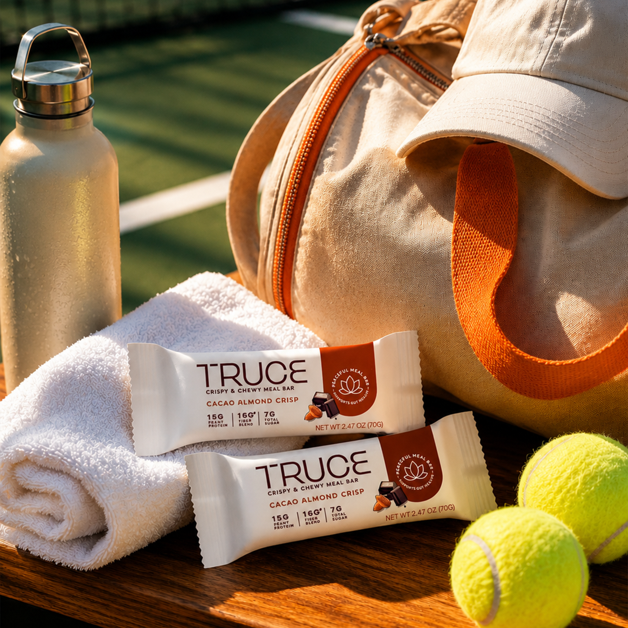 Two TRUCE bars placed on a wooden tennis court table with a white towel, a beige duffel bag, a white cap, a water bottle, and two tennis balls nearby.